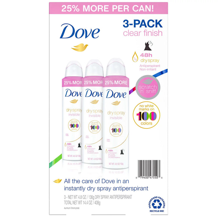 Dove Women Invisible Dry Spray Deodorant 4.8oz Paquete de 3 Unidades