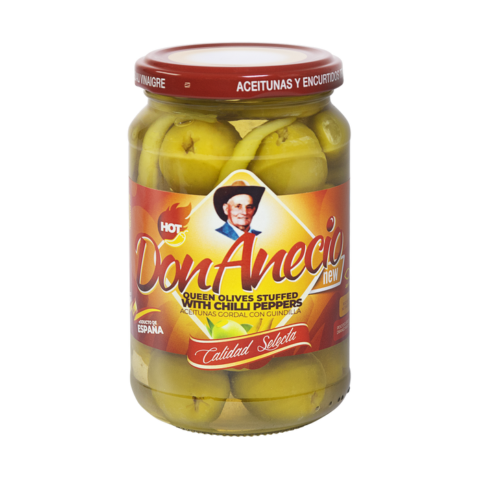 Don Anecio Aceitunas Reina Espanolas rellenas de Chile Picante 350gr Caja de 12 Unidades